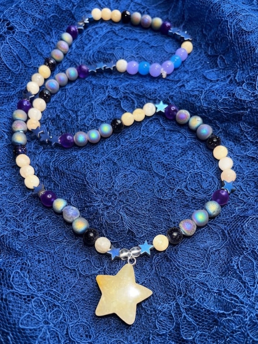 Rainbow Sherbet Freeze Necklace (Blue Hematite, Rainbow Druzy, Blue Goldstone)